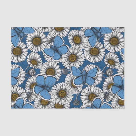 Papier Mousseline Fleurs sauvages blanches et papillons bleus (Recto)