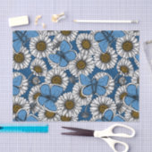 Papier Mousseline Fleurs sauvages blanches et papillons bleus (Artisanat)