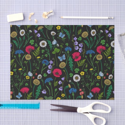 Papier Mousseline Fleurs sauvages en noir (Artisanat)