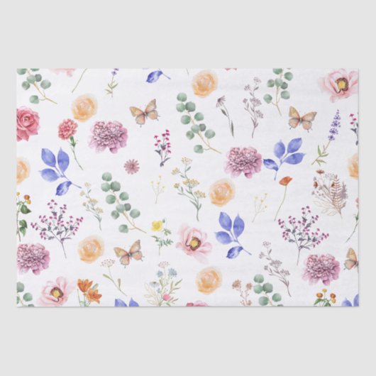 Papier Mousseline Fleurs sauvages pressées de printemps Papillon bla (Recto)