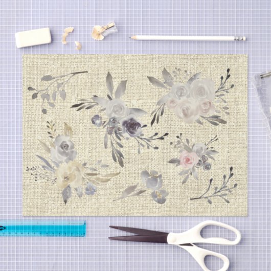Papier Mousseline fleurs sur lin rustique (Artisanat)