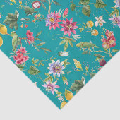Papier Mousseline Fleurs tropicales, fruits et oiseaux Turquoises (Détail)
