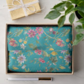 Papier Mousseline Fleurs tropicales, fruits et oiseaux Turquoises (Cadeau)