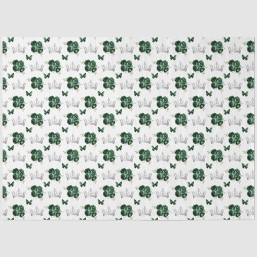 Papier Mousseline Fleurs vert foncé et couronnes argentées (Recto)
