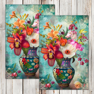 PAPIER MOUSSELINE FLEURS VINTAGE EN DÉCOUPAGE DE VASE