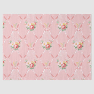 Papier Mousseline Fleurs Vintages roses sur treillis de ruban rose