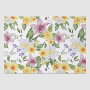 Papier Mousseline Fleurs violettes jaunes blanches verdure pour elle