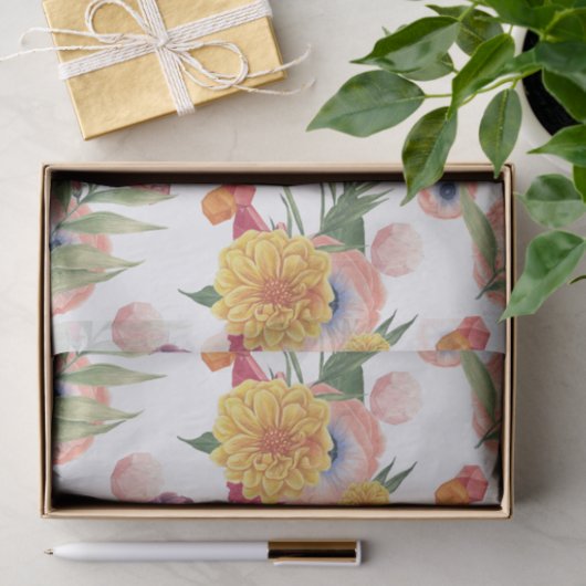 Papier Mousseline Fleurs Violettes Rose Et Jaune (Cadeau)