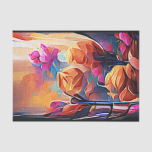 Papier Mousseline Floral Abstract Art Orange Red Blue Flowers