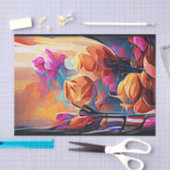 Papier Mousseline Floral Abstract Art Orange Red Blue Flowers (Artisanat)