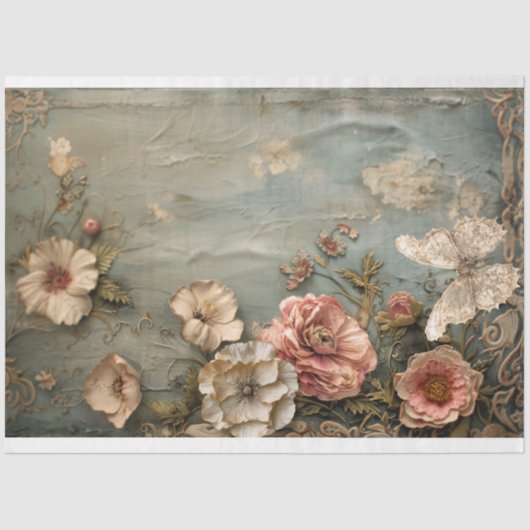 Papier Mousseline Floral badigeonné, papillon en dentelle, bleu Dust (Recto)