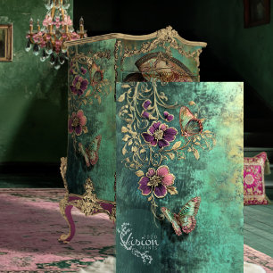 Papier Mousseline Floral baroque, Papillons Imaginaires Patina Turqu