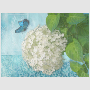 Papier Mousseline Floral Blanc Hydrangea Bleu Papillon Art Vintage