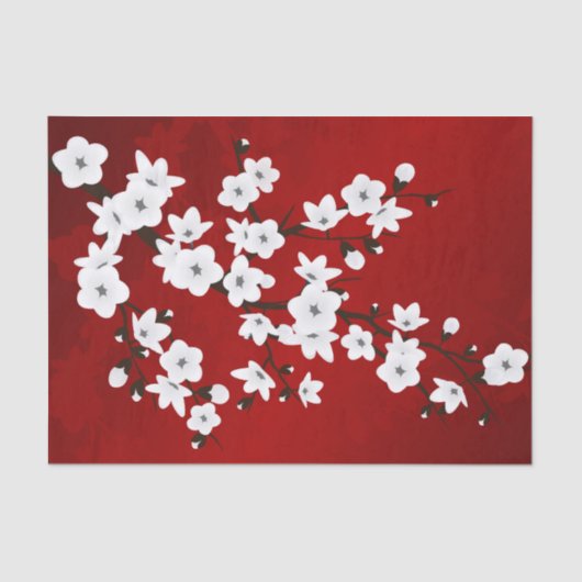 Papier Mousseline Floral Cerisier Fleur Rouge Blanc (Recto)