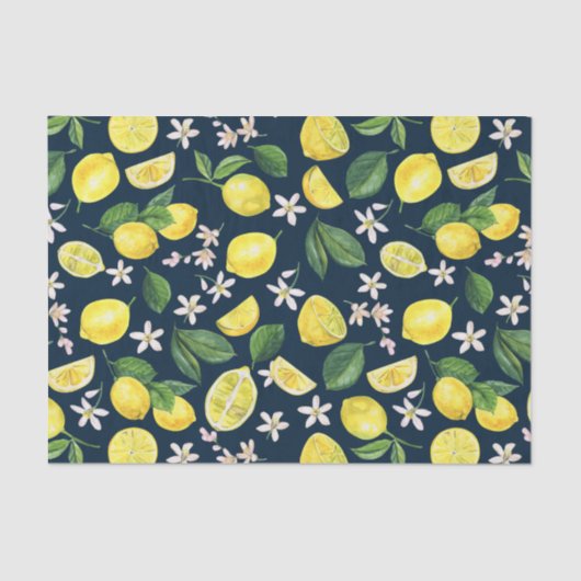 Papier Mousseline Floral de citron bleu marine (Recto)