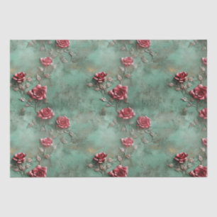 Papier Mousseline Floral de Roses rouges vertes