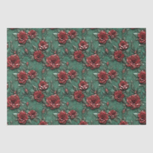 Papier Mousseline Floral de Roses rouges vertes