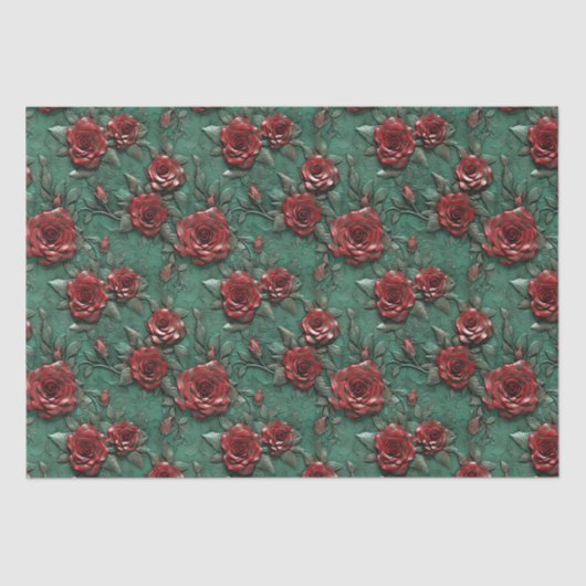 Papier Mousseline Floral de Roses rouges vertes (Recto)