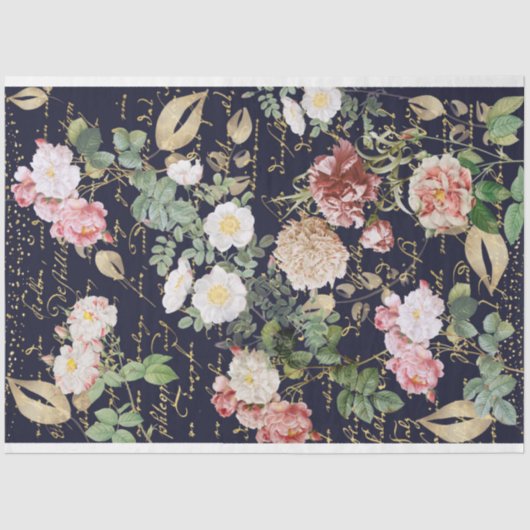 Papier Mousseline Floral Découpage rose Fleur Rose Marine Blue Gold (Recto)