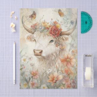 Papier Mousseline Floral Highland Cow Vintage Illustration Decoupage