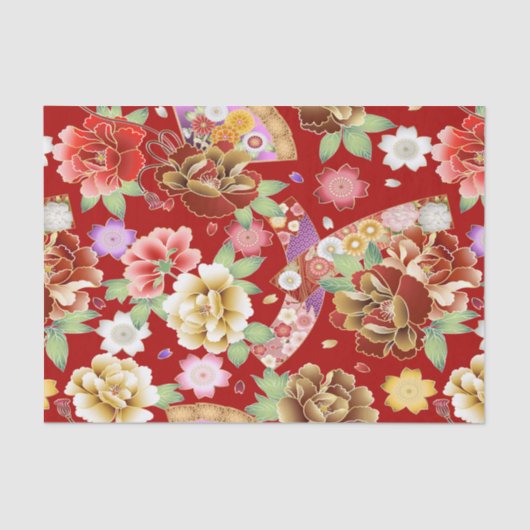 Papier Mousseline Floral moderne rose or rouge asiatique (Recto)