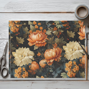 Papier Mousseline Floral noir et orange