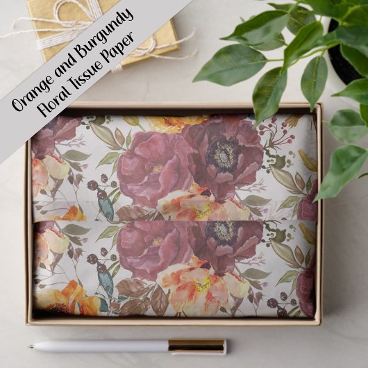 Papier Mousseline Floral Orange Bourgogne