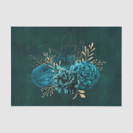 Papier Mousseline Floral Rustique Turquoise or (Recto)