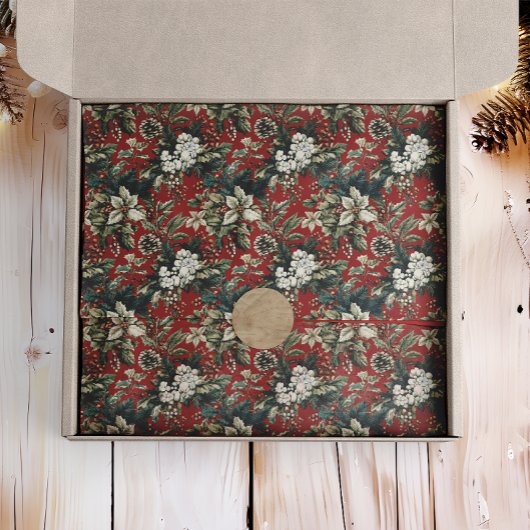 Papier Mousseline Flore de Noël traditionnelle rouge et Pinecone