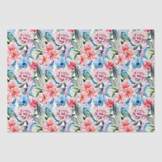 Papier Mousseline Flore Fleurs de feuillage Vert Bleu (Recto)