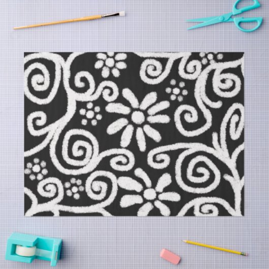 Papier Mousseline Flore Noir Blanc Fleurs Découpage (Artisanat)