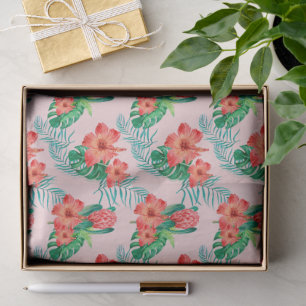 Papier Mousseline Flore tropicale rouge sur rose