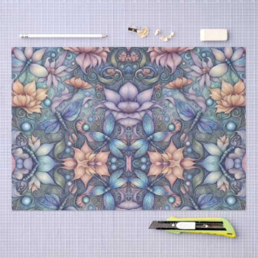 Papier Mousseline FLower Damask Blue Gold (Artisanat)