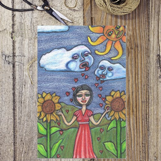 Papier Mousseline Folk Art Lady Clouds Sunflowers Sun Hearts