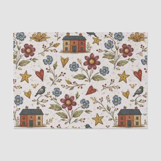 Papier Mousseline Folk Cottage Hearts Garden Pattern (Recto)