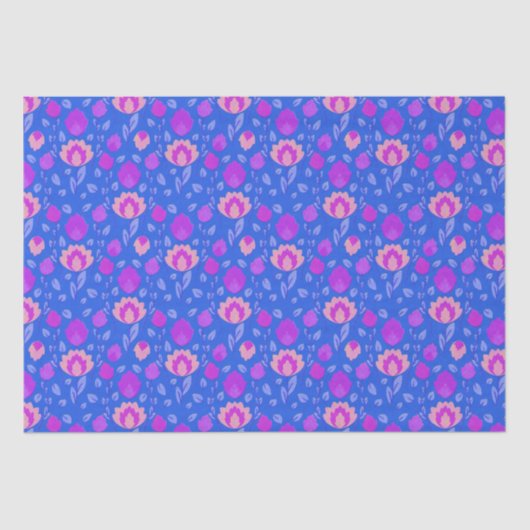 Papier Mousseline Folkore Floral Moderne // Bleu-Violet-Rose (Recto)