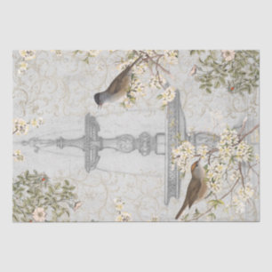 Papier Mousseline Fontaine d'oiseaux Jardin Rose Fleur Vintage Décou