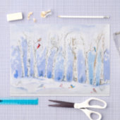 Papier Mousseline Forêt De Birch D'Aquarelle Avec Oiseaux (Artisanat)