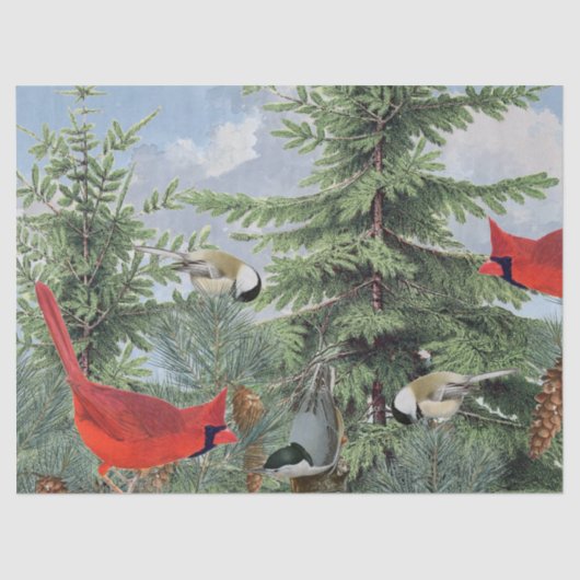 Papier Mousseline Forêt d'oiseaux d'hiver Cardinal Chickadee Nuthatc (Recto)