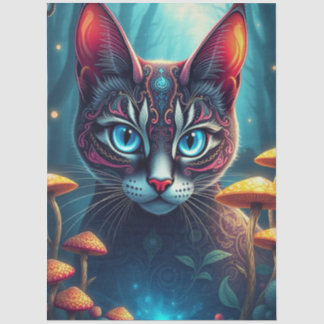 Papier Mousseline Forêt Fantastique de Champignons Chat aux Yeux Ble