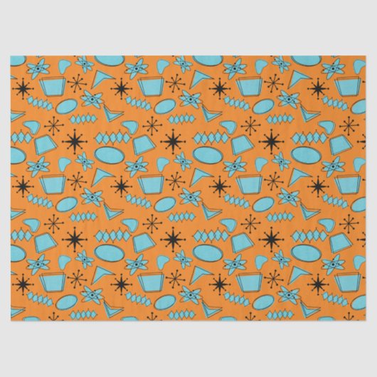 Papier Mousseline Formes atomiques MCM Turquoise sur orange (Recto)