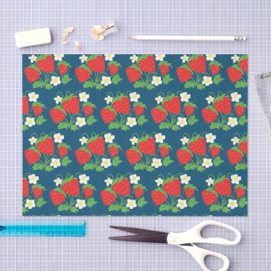 Papier Mousseline Fraise et Fleurs Motif Bleu (Artisanat)