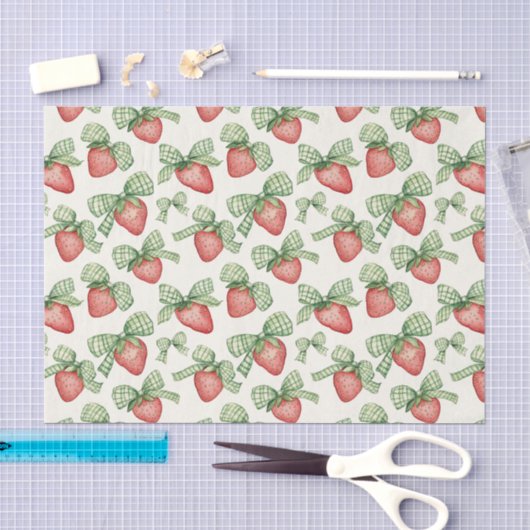 Papier Mousseline Fraises avec ruban vert Anniversaire (Artisanat)