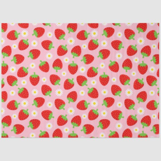 Papier Mousseline Fraises d'été mignonnes et fleurs blanches sur ros (Recto)