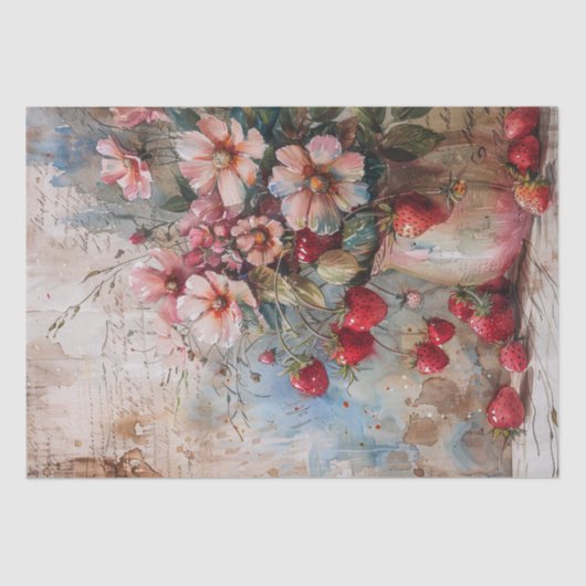 Papier Mousseline Fraises et fleurs Aquarelle Découpage (Recto)