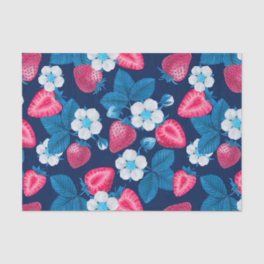Papier Mousseline Fraises roses sur bleu (Recto)