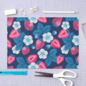 Papier Mousseline Fraises roses sur bleu (Artisanat)