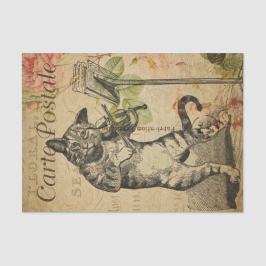 Papier Mousseline Français Ephemera Cat Jouer Fiddle Rose Decoupage (Recto)