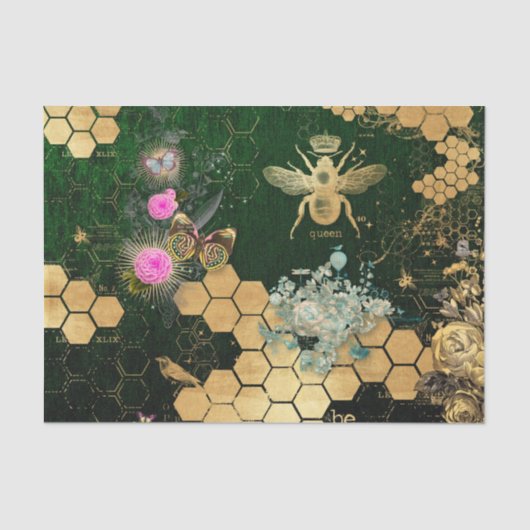 Papier Mousseline française chic, victorienne, abeille, florale, feu (Recto)