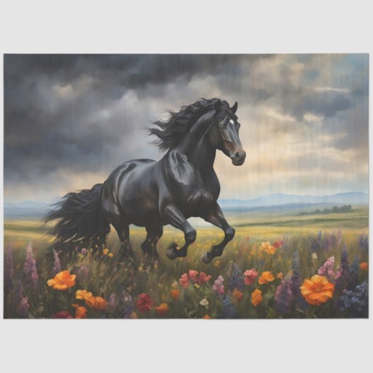 Papier Mousseline Friesian Horse Galloping Découpage Fleur sauvage (Recto)